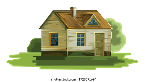 Exterior of an old house. Isolated vector illustration. Cracked walls, doors, windows. Still a cozy home. Little simple rustic lodge. Cartoon rural landscape.