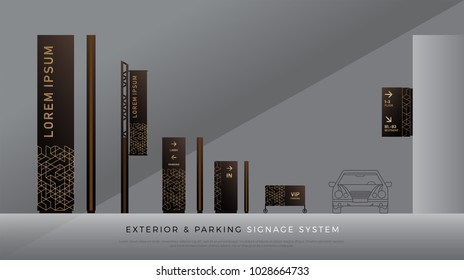 exterior and parking signage. direction, pole, wall mount and traffic signage system design template set. empty space for logo, text, color corporate identity