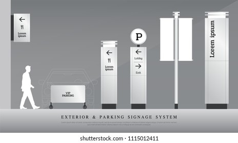 exterior and parking signage. directional, pole, and traffic signage system design template set. empty space for logo, text corporate identity