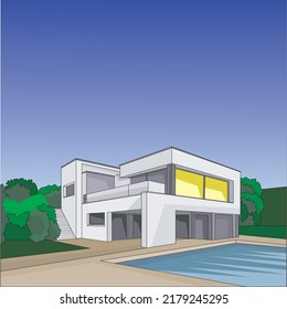 Exterior Penthouse With Pool, Flat Illustration