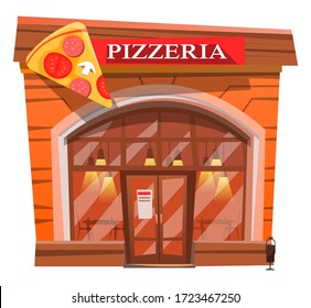 Exterior Of Pizza House Serving Italian Food And Bakery. Isolated Buildings Facade With Signboard And Slice Of Delicious Meal. Interior Of Diner With Place To Sit And Eat. Vector In Flat Style