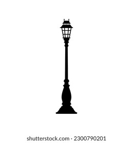 Exterior pole post with gas, halogen or led lamp on still pole, streetlamp lampost. Vector old streetlight pillar one lamp stand column