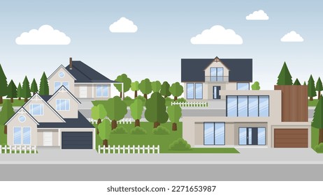 Exterior of the residential house, front view. House with large garden on a street in summer. Vector illustration. Eps 10.