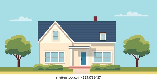 Exterior of the residential house, front view. Modern house on a street in summer in flat style. House for sale. Vector stock