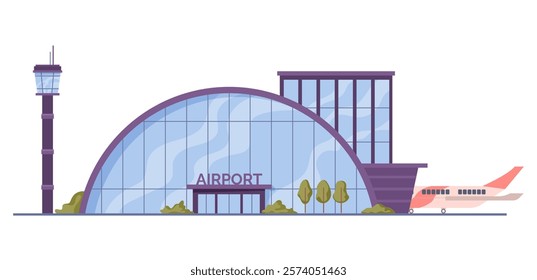 Exterior of round shape airport building with observation tower, hangar for planes. Vector flat cartoon, isolated aircraft on runway path, arriving or departing flight. Travel infrastructure