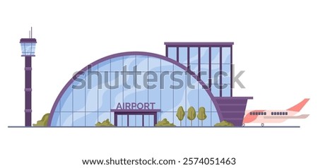 Exterior of round shape airport building with observation tower, hangar for planes. Vector flat cartoon, isolated aircraft on runway path, arriving or departing flight. Travel infrastructure