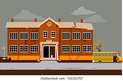 Exterior Of A School Building In Poor Shape In Need Of Repair, EPS 8 Vector Illustration