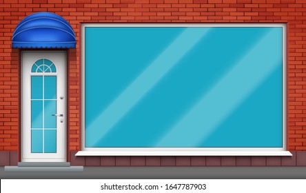 Exterior of shop facade with big glass showcase and fabric awning. Facade of red brick wall and big window and door with marquise blind. Boutique Street view. Vector Illustration.