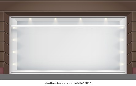 Exterior of shop facade with big glass storefront and spotlights. Facade of granite wall and big window. Shop Street view. Vector Illustration.