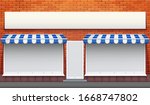 Exterior of shop facade with closed storefront and door. Facade of brick wall and Closed Roller Shutters. Shop Street view. Vector Illustration.