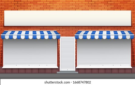 Außen der Ladenfassade mit geschlossenem Schaufenster und Tür. Fassade von Ziegelwand und Roller Shutters. Einkaufsstraße-Ansicht. Vektorillustration Illustration.