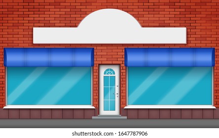 Exterior of shop facade with two big glass showcase and signboard. Facade of red brick wall and big windows and door with marquise blind. Hotel Street view. Vector Illustration.