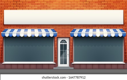 Exterior of shop facade with two big glass showcase and signboard. Facade of red brick wall and big windows and door with marquise blind. Hotel Street view. Vector Illustration.