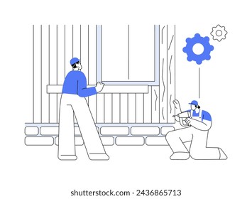 Ilustración abstracta del vector del concepto del lado exterior. Contratista con martillo neumático se ocupa de revestimiento exterior, revestimiento de paredes, reparación de casas privadas, construcción residencial metáfora abstracta.