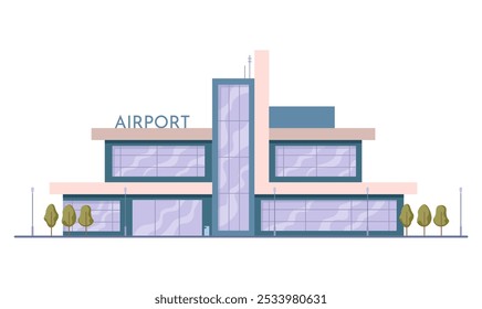 Exterior of simple airport building with square geometric shape and panoramic windows. Vector flat cartoon, isolated passengers terminal, departure and arrival. City travel infrastructure