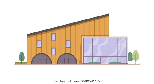 Exterior of supermarket or shopping center. Vector isolated modern mall with panoramic windows, arches wooden elements. Building facade with architectural elements of minimalism and neat surrounding