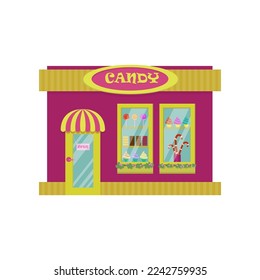 Exterior of sweetshop isolated on white background. Shop building facade cartoon illustration. Store windows concept