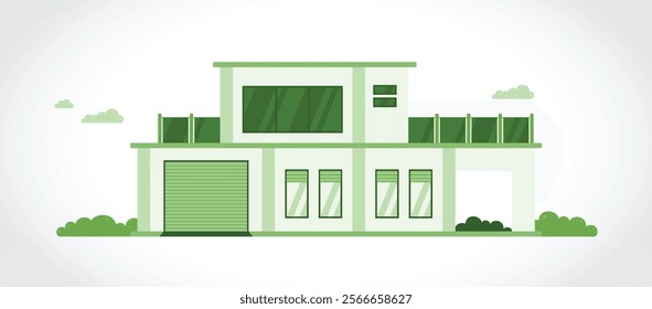 Exterior of two story modern home with a garage space, flat illustration