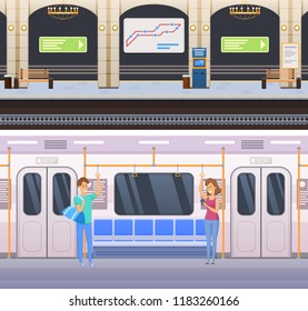 Exterior of underground station and interior inside of subway car. Train car interior with commuting passengers. Exterior of station with railway, terminal, information signboard. Vector illustration.