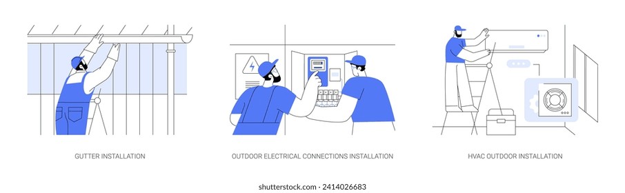 Exterior utilities in residential construction abstract concept vector illustration set. Gutter and water pipes installation, outdoor electrical wires, HVAC system in private house abstract metaphor.