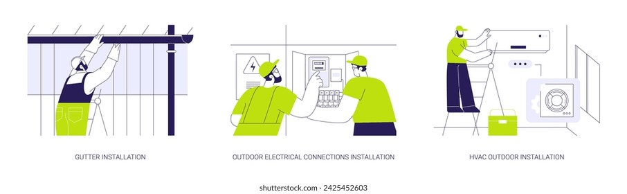 Exterior utilities in residential construction abstract concept vector illustration set. Gutter and water pipes installation, outdoor electrical wires, HVAC system in private house abstract metaphor.
