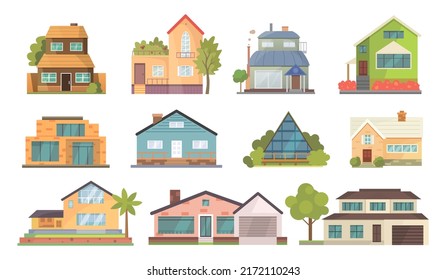 Exterior vector illustration front view of houses with roof. Colorful Residential Houses. Townhouse building apartment. Home facade with doors and windows.