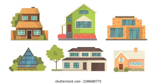 Exterior vector illustration front view of houses with roof. Colorful Residential Houses. Townhouse building apartment. Home facade with doors and windows.