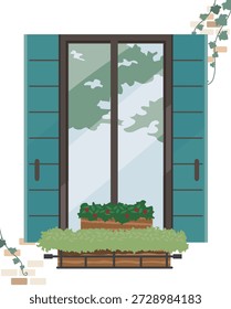 Vista exterior de una encantadora ventana con plantas verdes visibles a través del vidrio, situada en una pared de ladrillo clásico.