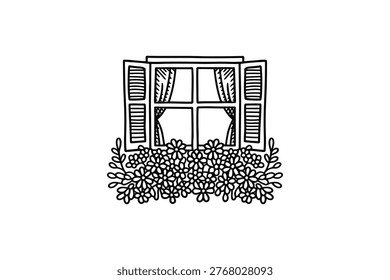 Exterior view of classic window frame with open shutters and decorative flower box below containing blooming plants and green leaves.