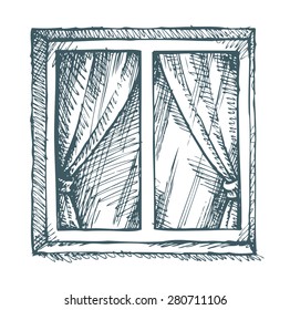 Exterior view of a closed square modern window in concrete wall. Vector monochrome freehand ink drawn backdrop sketchy in art antique scrawl style pen on paper. View close-up with space for text