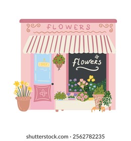 Exterior view of the facade in the city. Flat style flower shop decorated with plants and flowers. Cute illustration in simple hand drawn cartoon style. 