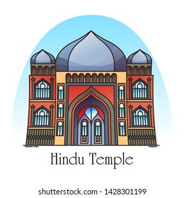 Exterior view of hindu temple in thin line. Mandir building facade. Religious construction for India and Cambodia, nepal and vietnam. Asia structure for pray or worship.Architecture, religion landmark
