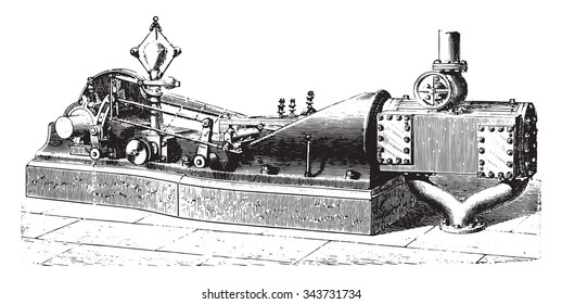 Exterior view of the horizontal machine, Type Allen Porter, vintage engraved illustration. Industrial encyclopedia E.-O. Lami - 1875.
