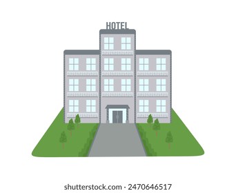 Exterior view of the Hotel building, facade. Beautiful architecture, commercial housing, construction. Flat illustration of city motel for touristic accommodation and holiday trip. Vector illustration