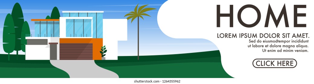 Exterior view of modern house with copy space for text in the sky