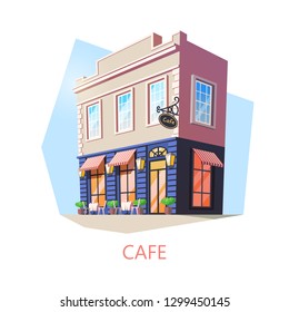 Exterior view on isometric cafe building. Outdoor view on cafeteria or food and drink shop or store. Teahouse facade or cartoon construction design. Street or urban restaurant. Architecture, nutrition