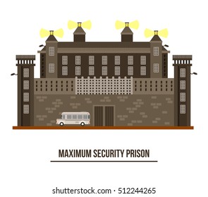 Exterior View On Prison Building, Jail Architecture. Maximum Security Jailhouse With Barbed Wire On Fence And Towers. Outdoor Exterior View On Crime Building, Federal Construction. Criminal Theme