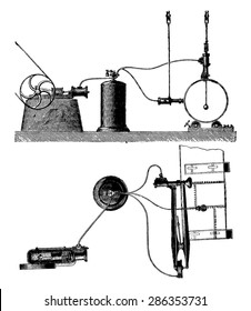 Vista exterior y planee la instalación de un remachador portátil de aire comprimido, ilustración vintage grabada. Enciclopedia industrial E.-O. Lami - 1875.