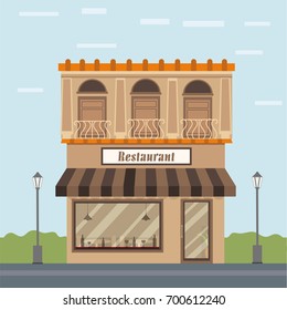 Exterior view of a restaurant, urban city background.