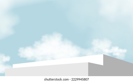 Exterior wall 3d Display podium step with geometric platform on blue sky background,Vector horizon banner with Stage Showcase,Stairway mockup on Summer cloud,Design Scene with Stand for Spring,Summer 