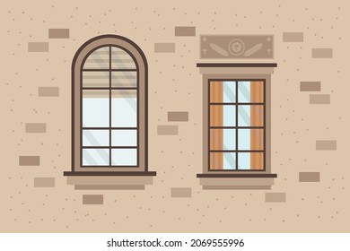 The exterior walls of the apartment house with windows. Cartoon architecture with life inside people. Colorful wooden window frames for poster design. Vector illustration