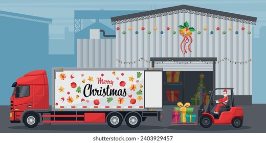 Exterior of a warehouse decorated with christmas  lights.  Santa Claus driving a forklift loading gifts to a container truck. Christmas campaign for cargo logistics and shipping of merchandise