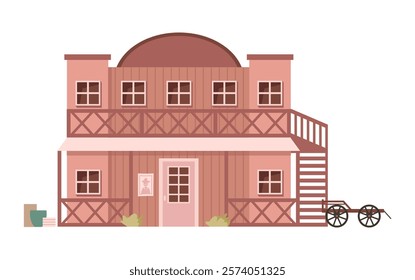 Exterior of wild west house with wanted criminal. Vector flat cartoon, isolated facade of home or house, sheriff or police station with entrance and windows. Wester american architecture