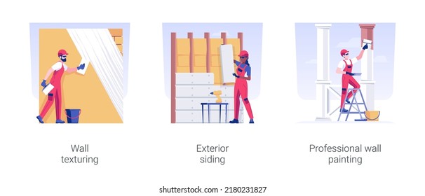 Exterior Works In Private House Building Isolated Concept Vector Illustration Set. Wall Texturing, Exterior Siding, Professional Facade Wall Painting, Residential Construction Vector Cartoon.