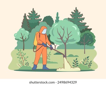 Exterminate pests in park. Cleaning city squares from parasites and insects, specialist in protective suit sprays chemicals, worker with insecticidal equipment cartoon flat vector concept