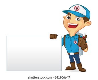 Exterminator holding pest sprayer and blank sign isolated in white background