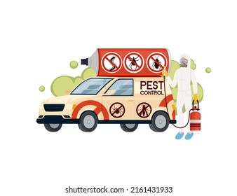 Exterminator Insecticide Car And Service Man With Protection Suit Pest Control Logo Vector Illustration On White Background