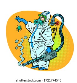 the exterminator killed the coronavirus. Comics caricature pop art retro illustration drawing