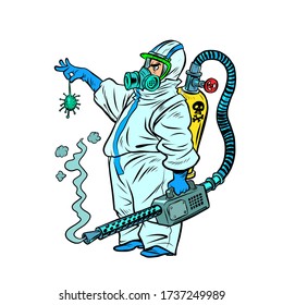 the exterminator killed the coronavirus. Comics caricature pop art retro illustration drawing