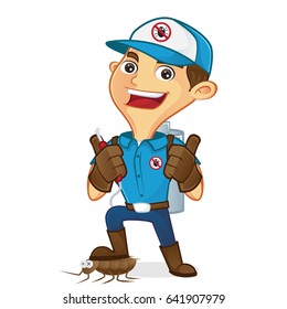 Exterminator killing bug and holding pest sprayer